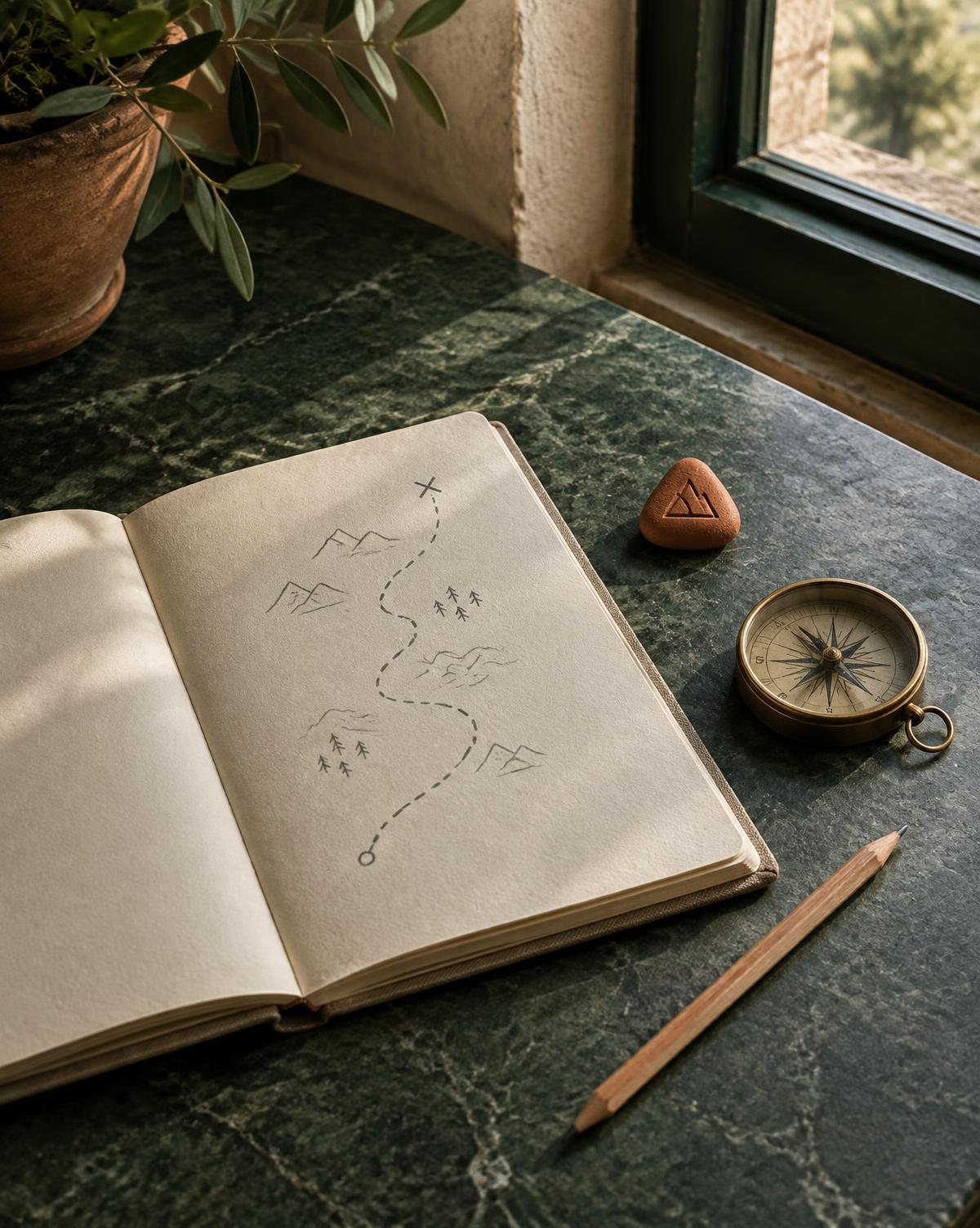 Un cuaderno de ruta y una brújula sobre una mesa